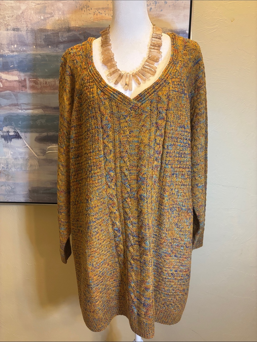 Mustard Multicolor V-Neck Sweater Tunic